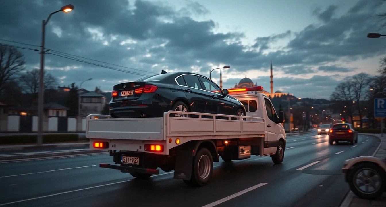 Oto çekici, şehir içinde bir aracı platformuna yüklüyor